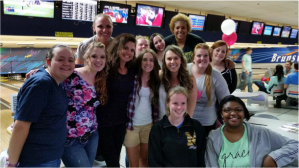 Current Mercy St. Louis residents enjoyed their evening out at the bowling lanes.